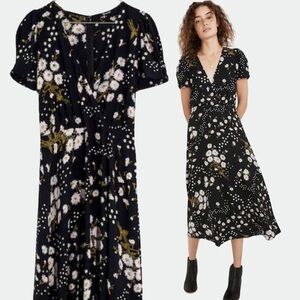 Madewell Puff-Sleeve Wrap-Front Midi Dress in Polka Daisies Black 0